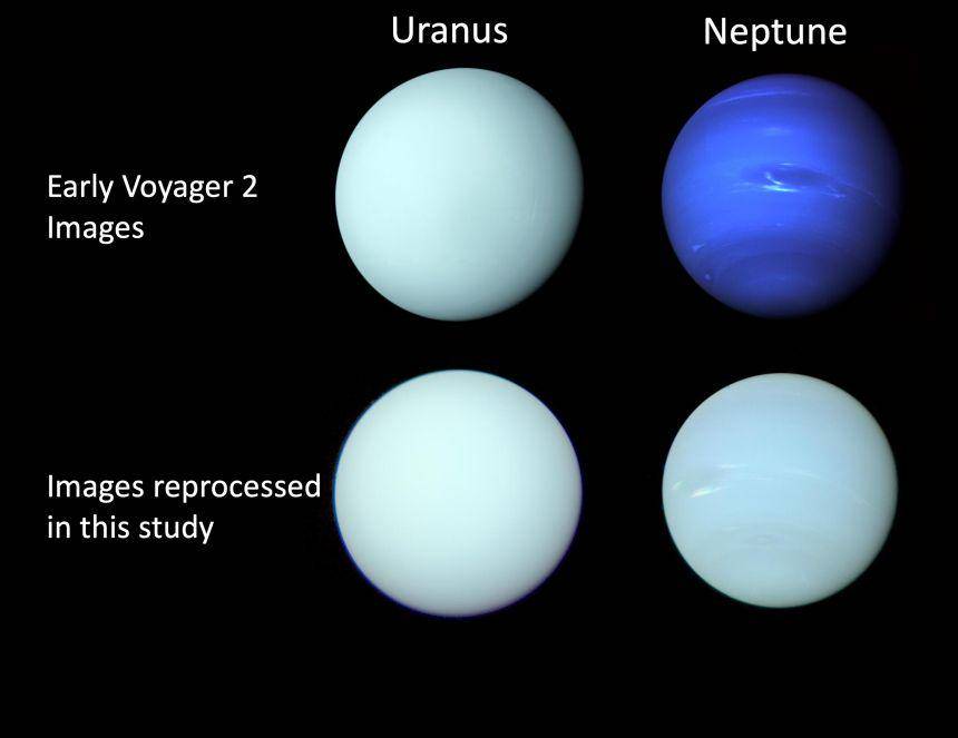 Warna sesungguhnya dari Neptunus (bawah kanan) terlihat lebih seperti biru kehijauan. (ox.ac.uk/Patrick Irwin)